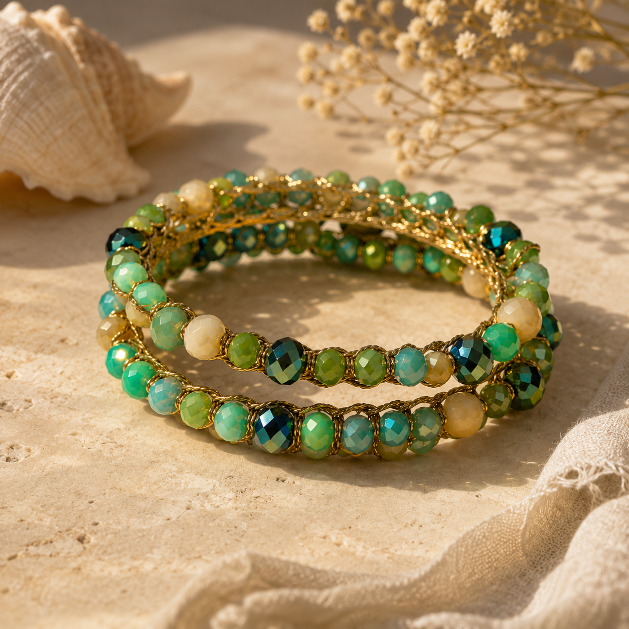 Bracciale Handmade Ondea – Laguna Smeraldo – Due Giri con cristalli sfaccettati