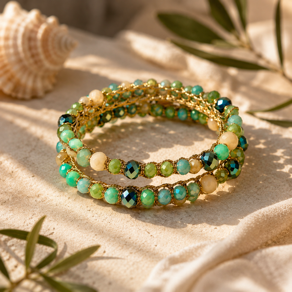 Bracciale Handmade Ondea – Laguna Smeraldo – Due Giri con cristalli sfaccettati