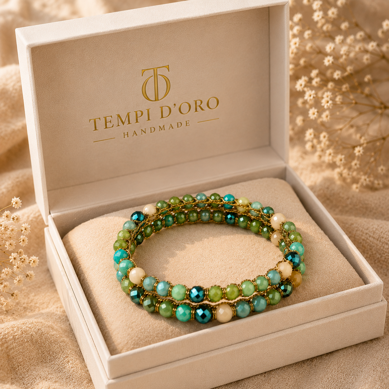 Bracciale Handmade Ondea – Laguna Smeraldo – Due Giri con cristalli sfaccettati