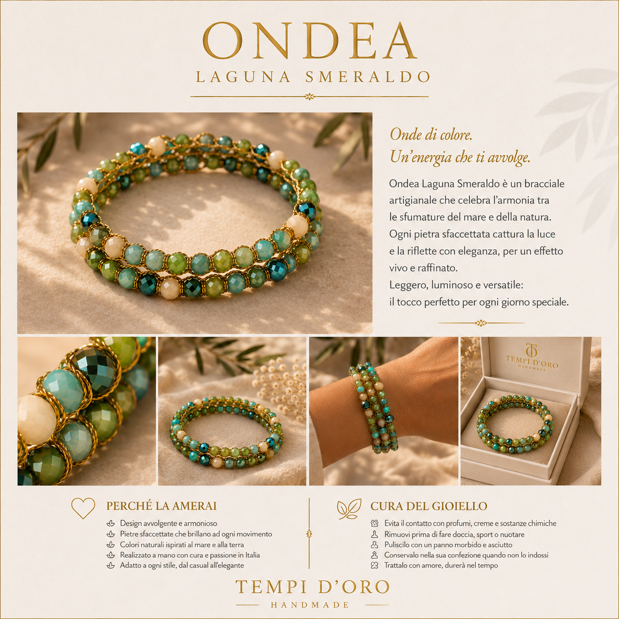 Bracciale Handmade Ondea – Laguna Smeraldo – Due Giri con cristalli sfaccettati