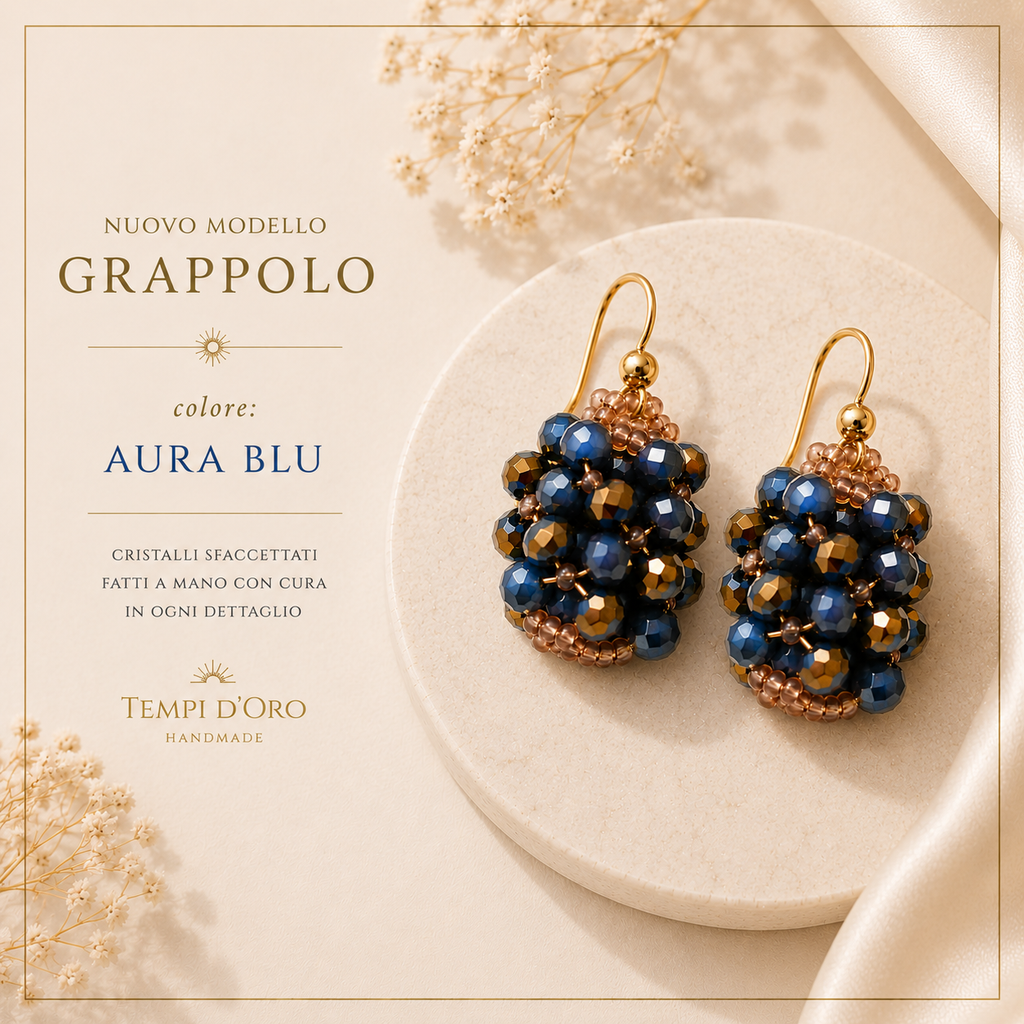 Orecchini Grappolo Handmade in Cristalli Sfaccettati Aura Blu con ganci in argento 925