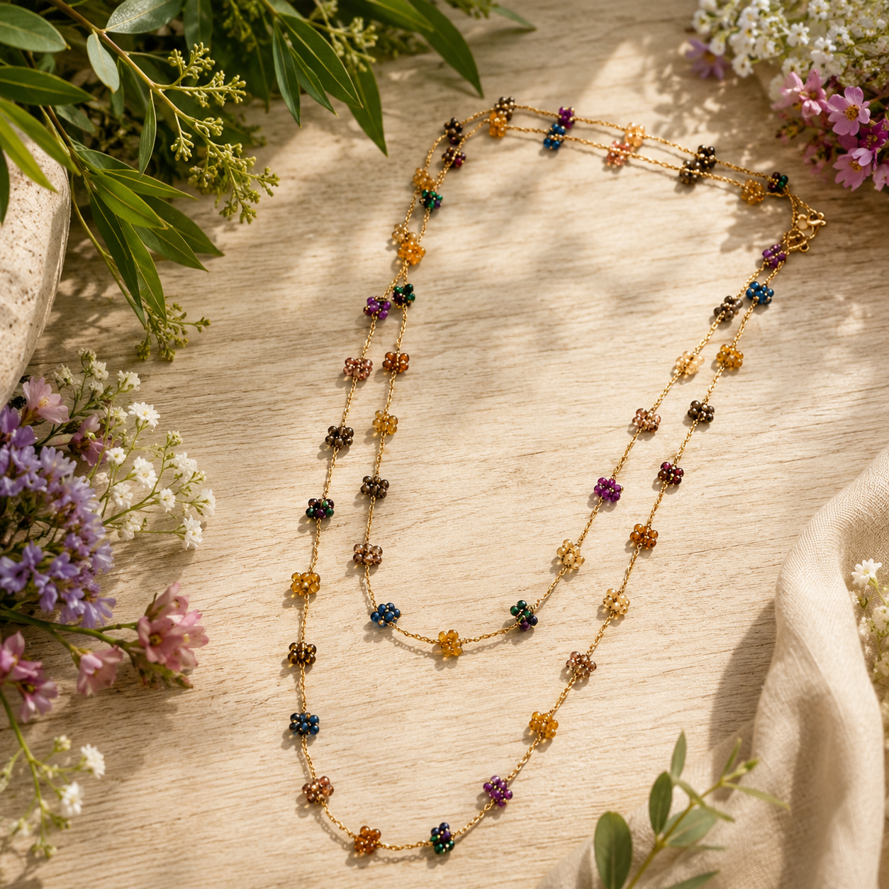 Collana Handmade Flora con Cristalli sfaccettati – Multicolor, Blu Notturno e Giardino Botanico