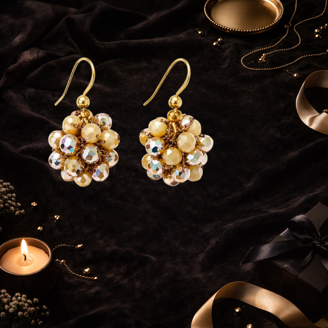 Orecchini Sfera Handmade in Cristalli Sfaccettati – Blu Notte, Acqua Marina, Champagne Dorato con gancio in argento 925