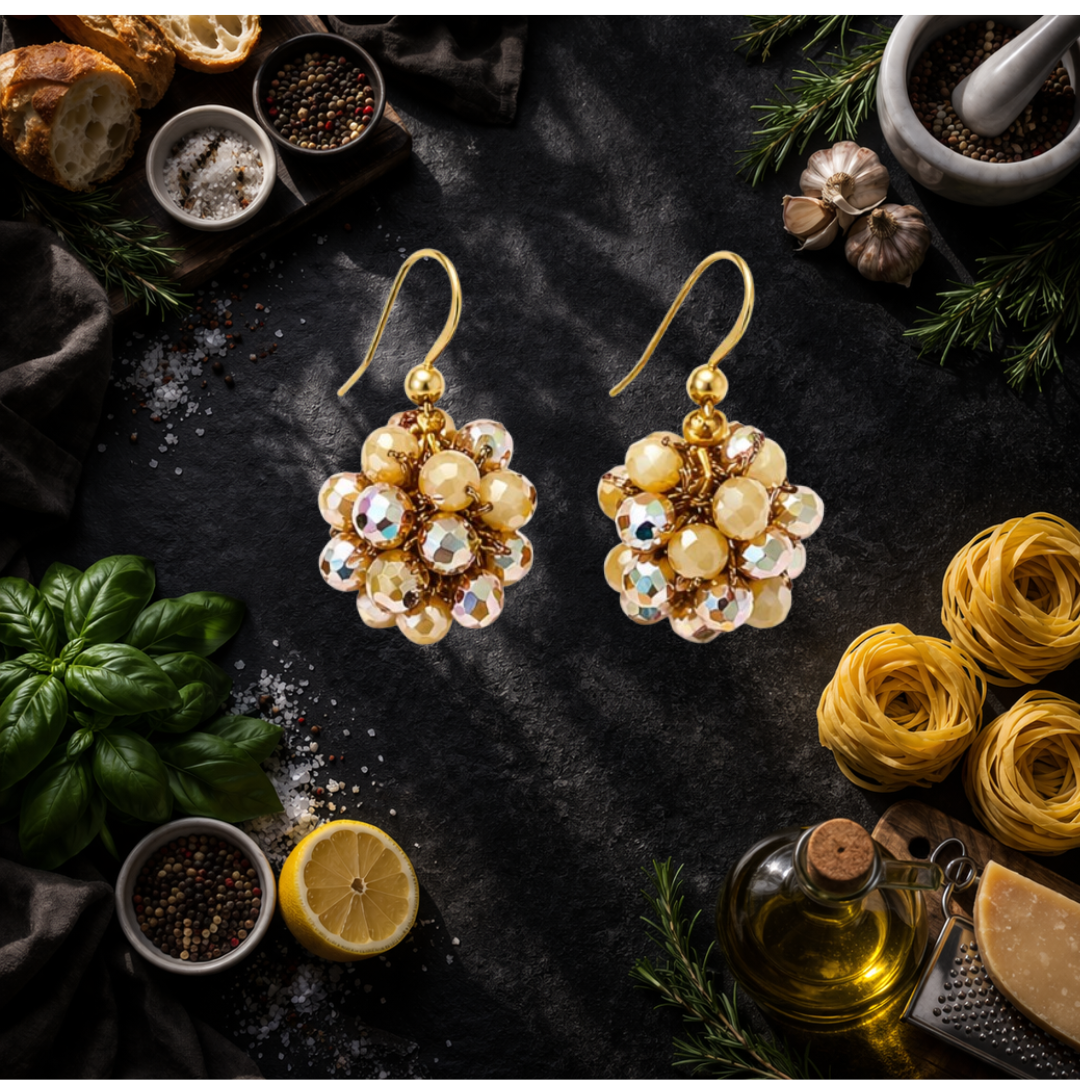 Orecchini Sfera Handmade in Cristalli Sfaccettati – Blu Notte, Acqua Marina, Champagne Dorato con gancio in argento 925