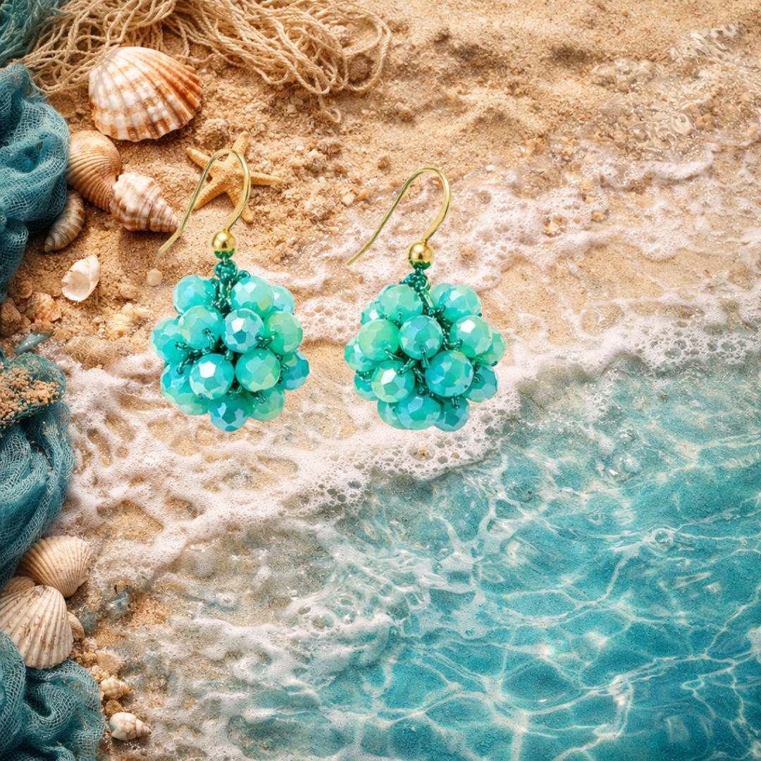 Orecchini Sfera Handmade in Cristalli Sfaccettati – Blu Notte, Acqua Marina, Champagne Dorato con gancio in argento 925