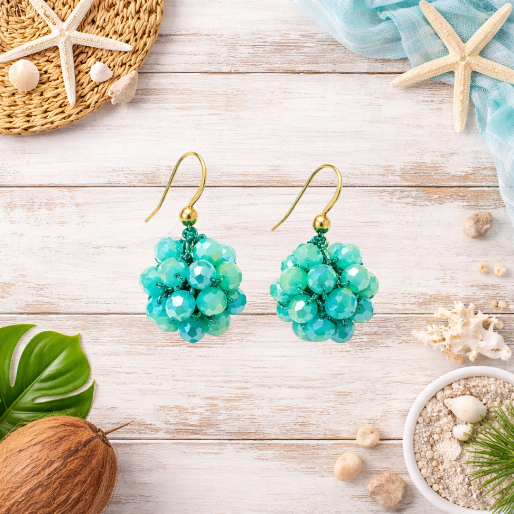 Orecchini Sfera Handmade in Cristalli Sfaccettati – Blu Notte, Acqua Marina, Champagne Dorato con gancio in argento 925
