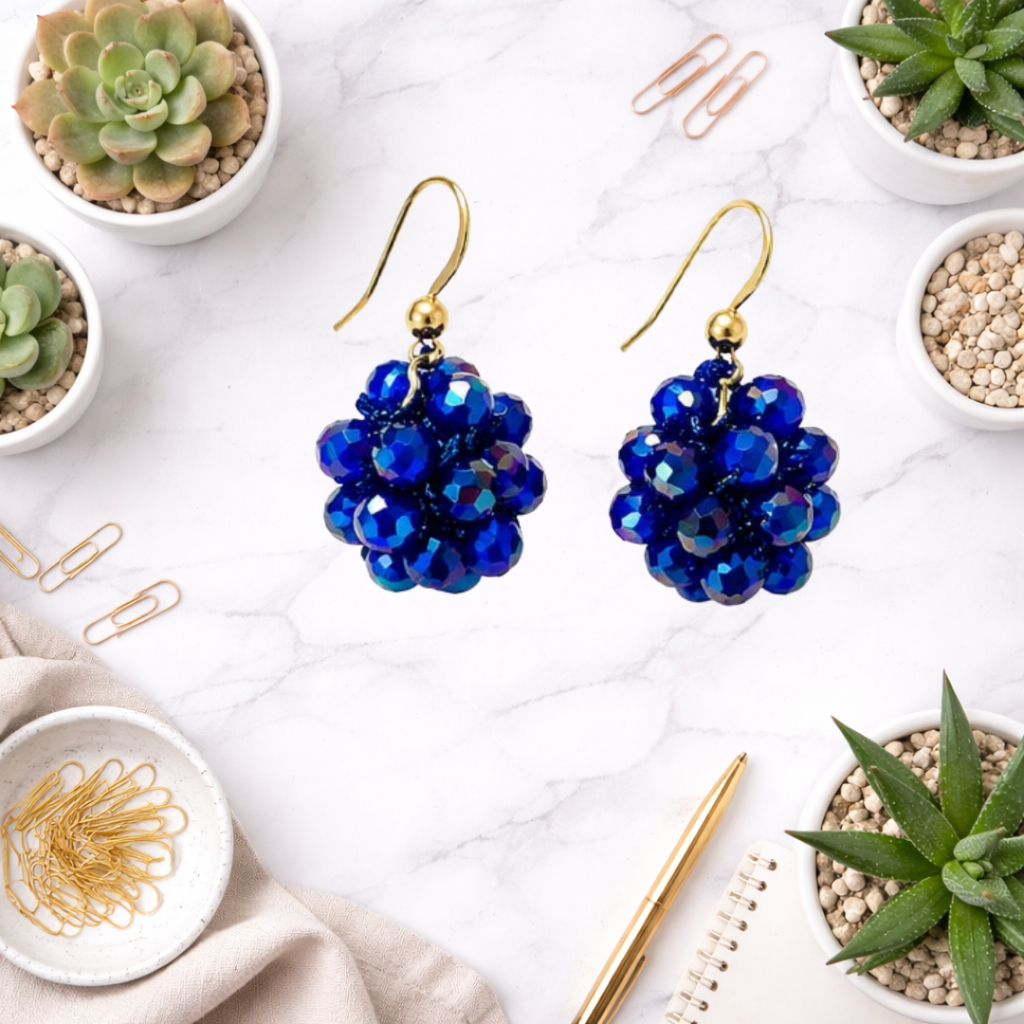 Orecchini Sfera Handmade in Cristalli Sfaccettati – Blu Notte, Acqua Marina, Champagne Dorato con gancio in argento 925