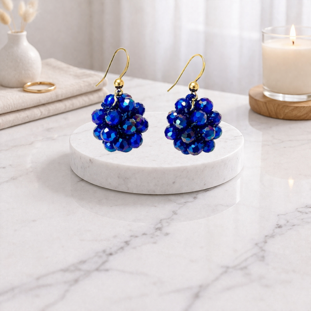 Orecchini Sfera Handmade in Cristalli Sfaccettati – Blu Notte, Acqua Marina, Champagne Dorato con gancio in argento 925