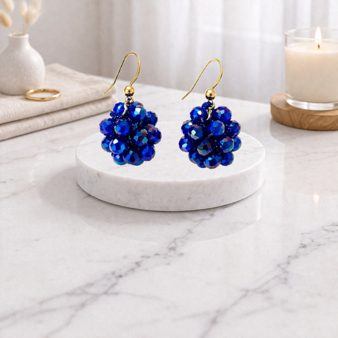 Orecchini Sfera Handmade in Cristalli Sfaccettati – Blu Notte, Acqua Marina, Champagne Dorato con gancio in argento 925