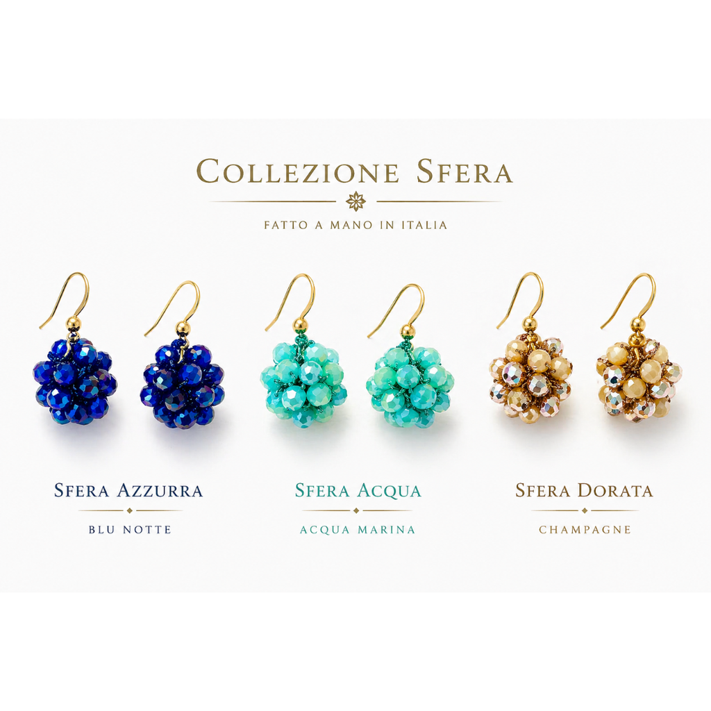 Orecchini Sfera Handmade in Cristalli Sfaccettati – Blu Notte, Acqua Marina, Champagne Dorato con gancio in argento 925