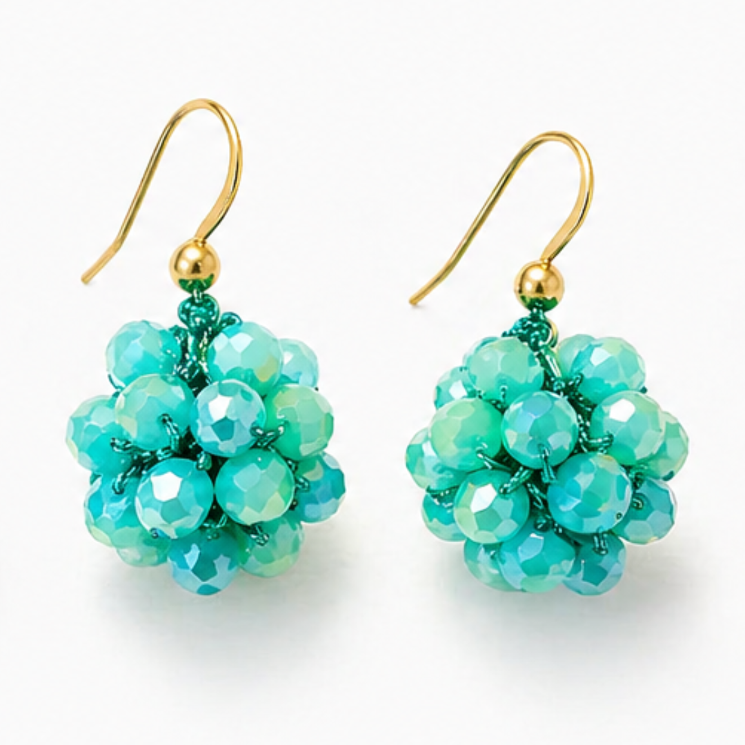 Orecchini Sfera Handmade in Cristalli Sfaccettati – Blu Notte, Acqua Marina, Champagne Dorato con gancio in argento 925