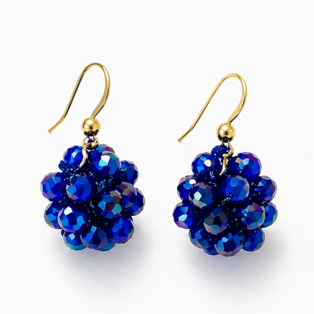 Orecchini Sfera Handmade in Cristalli Sfaccettati – Blu Notte, Acqua Marina, Champagne Dorato con gancio in argento 925