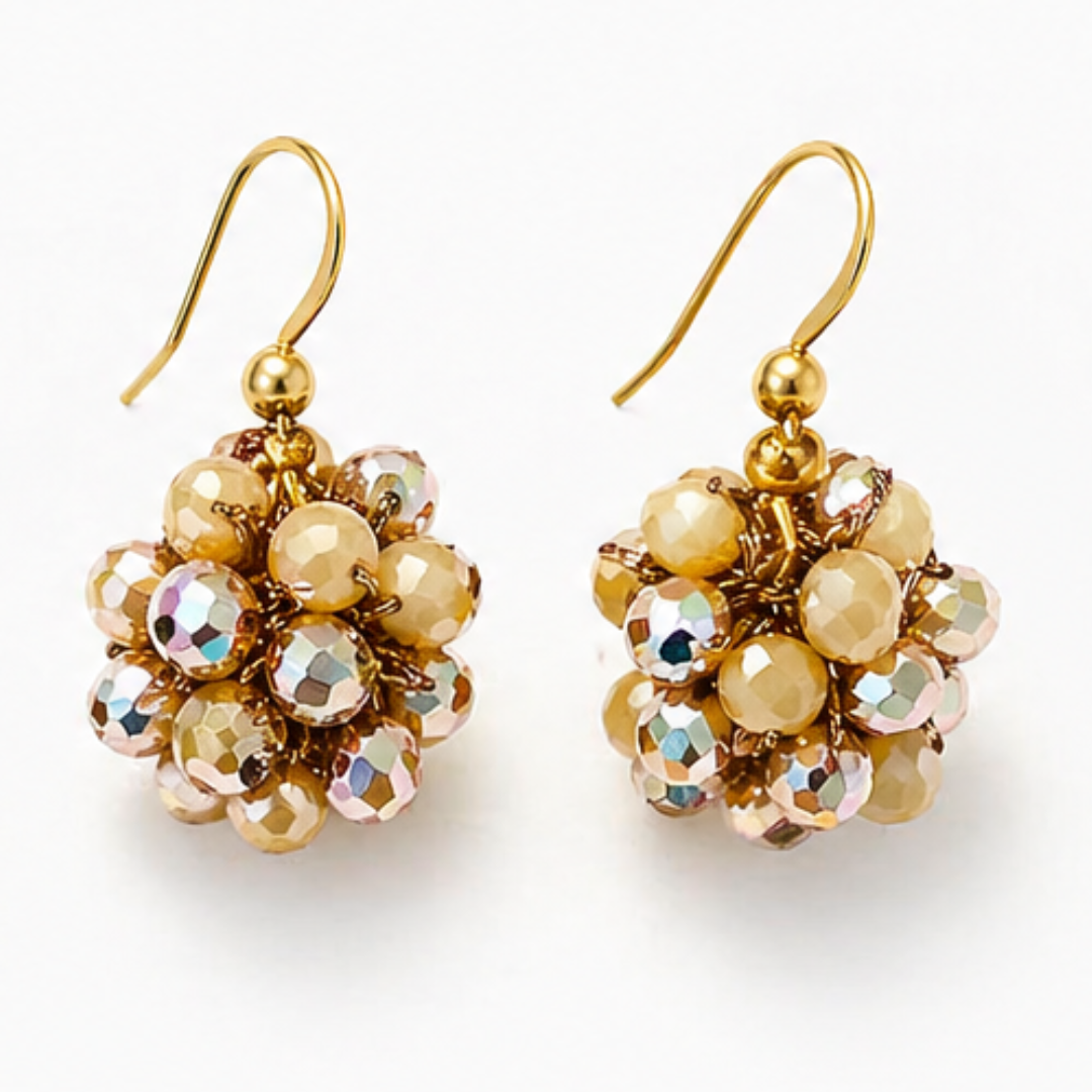 Orecchini Sfera Handmade in Cristalli Sfaccettati – Blu Notte, Acqua Marina, Champagne Dorato con gancio in argento 925