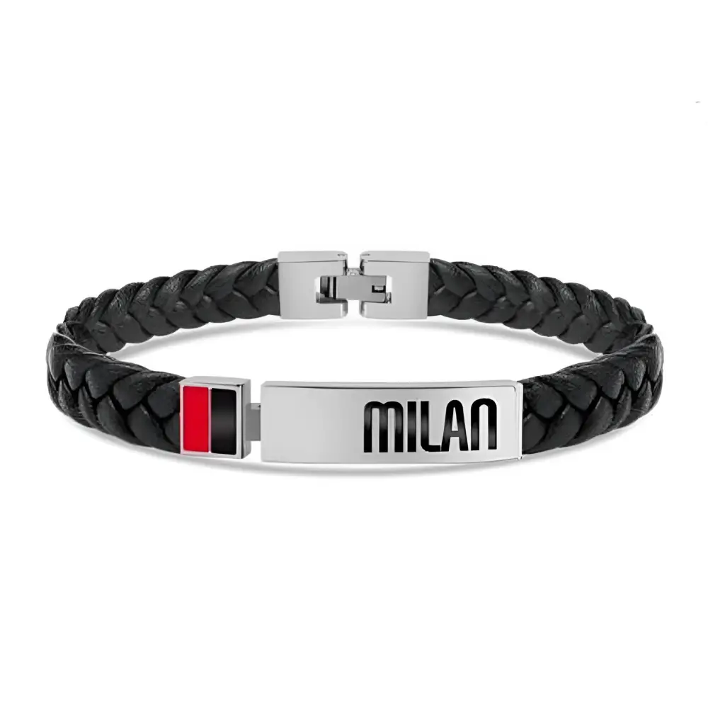 Bracciale AC Milan in pelle intrecciata nera con targhetta argento e striscia rossa