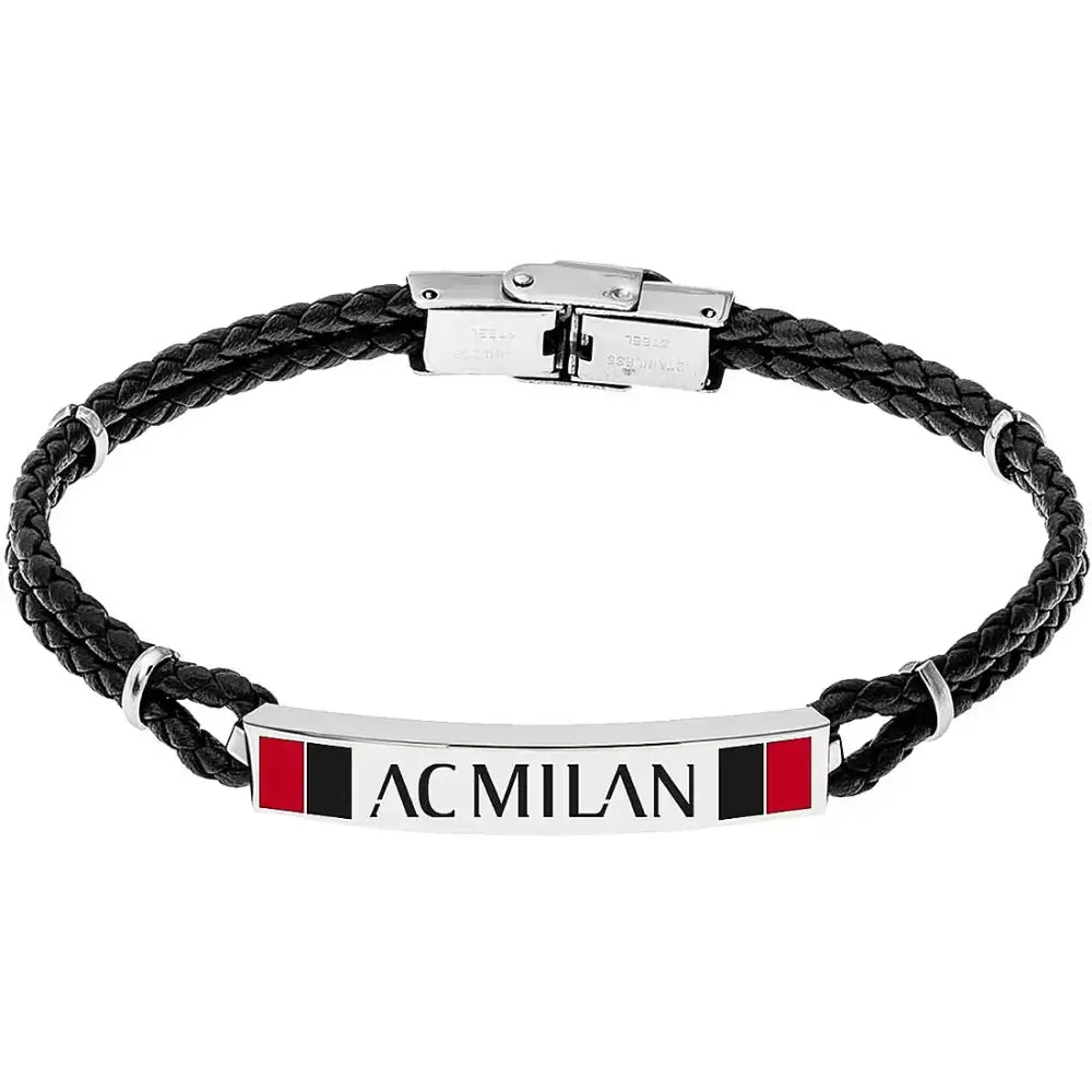 Bracciale AC Milan in pelle nera intrecciata con accenti rossi e chiusura argento