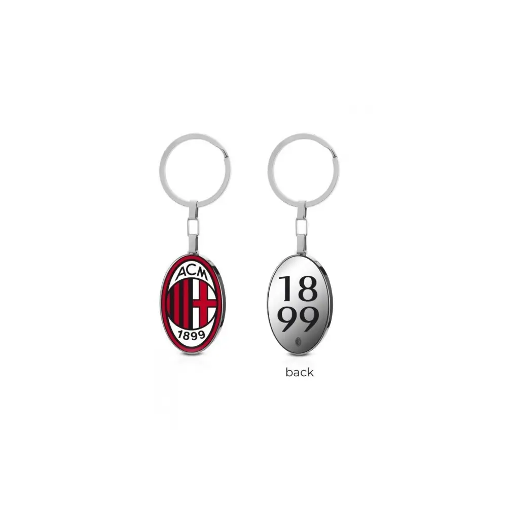 Portachiavi ufficiale AC Milan con targhetta e stemma rosso-bianco, anello argento