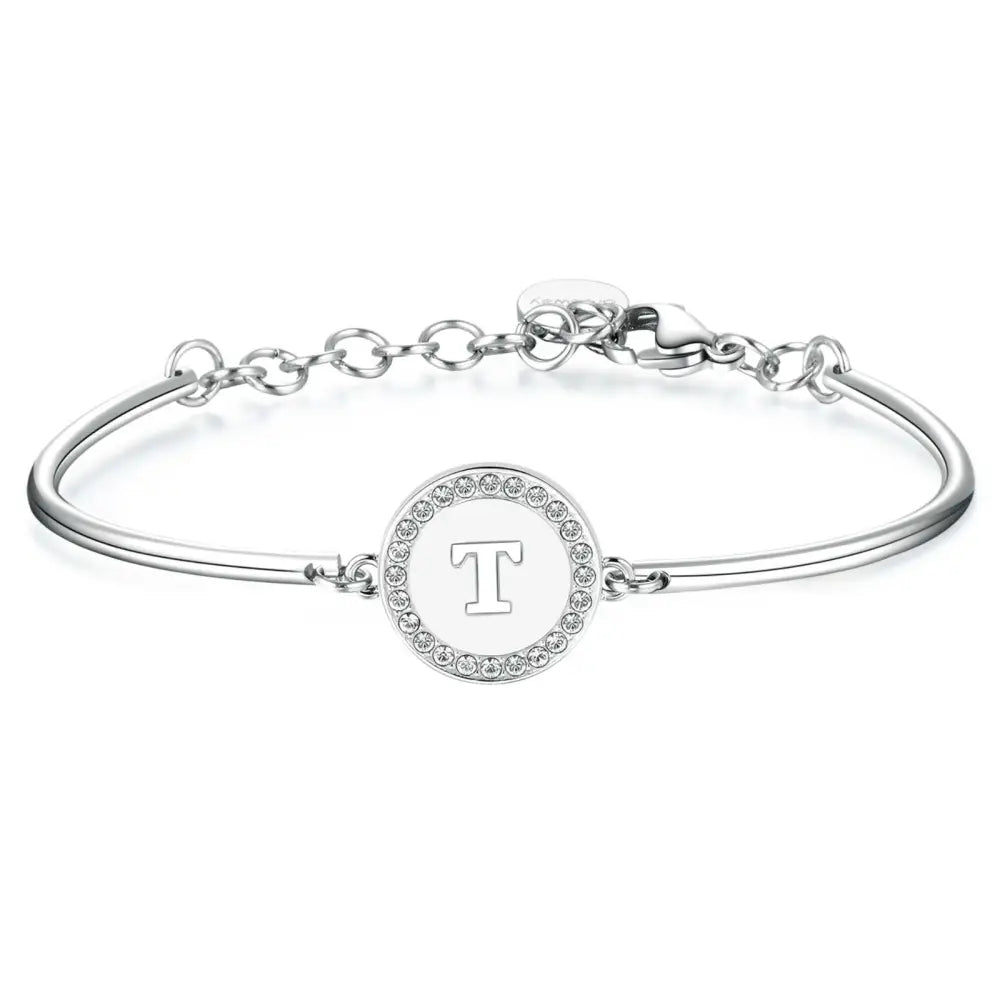 Bracciale donna argento con gemme trasparenti e charm T