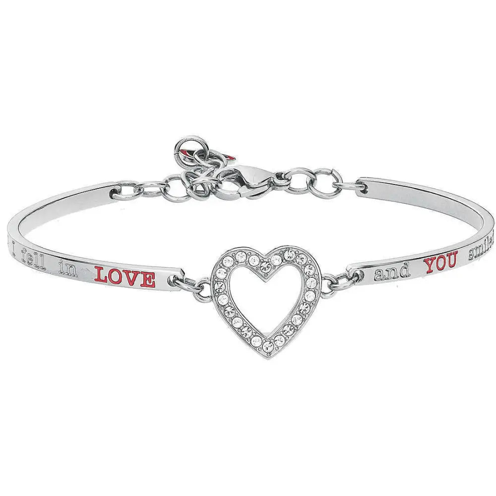 Bracciale donna chakra Love BHK166 con cuore argento, gemme trasparenti e testo rosso Love