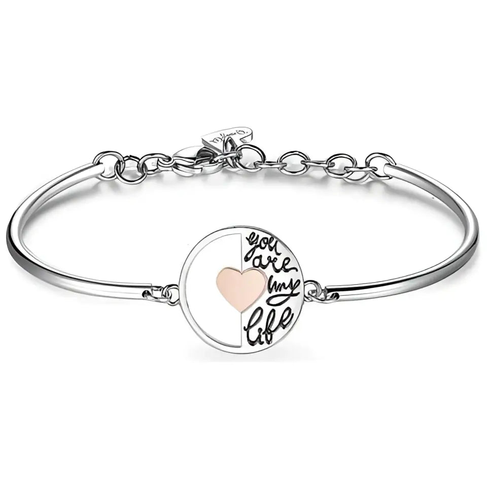Bracciale donna argento cuore con iscrizione ’sei la mia vita’ e accenti oro rosa