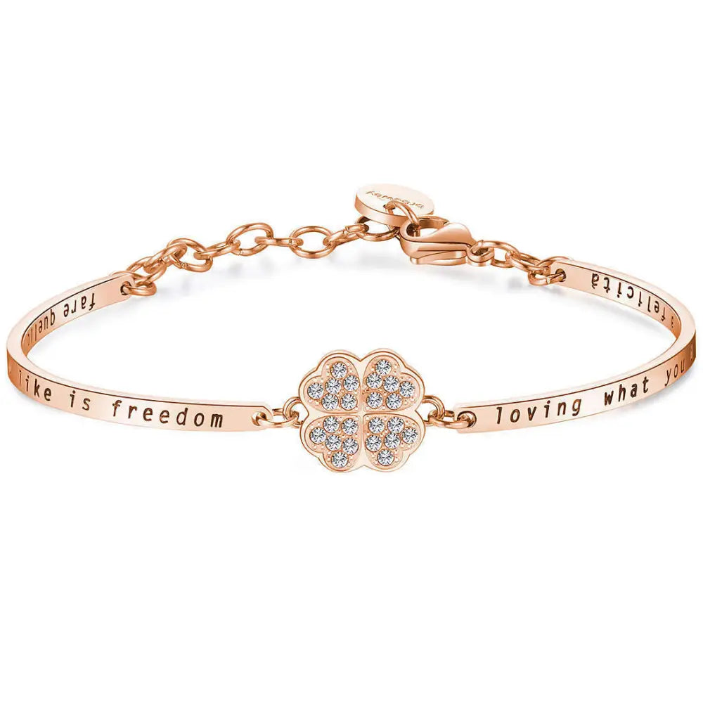 Bracciale donna chakra quadrifoglio oro rosa con zirconia cubica e incisioni