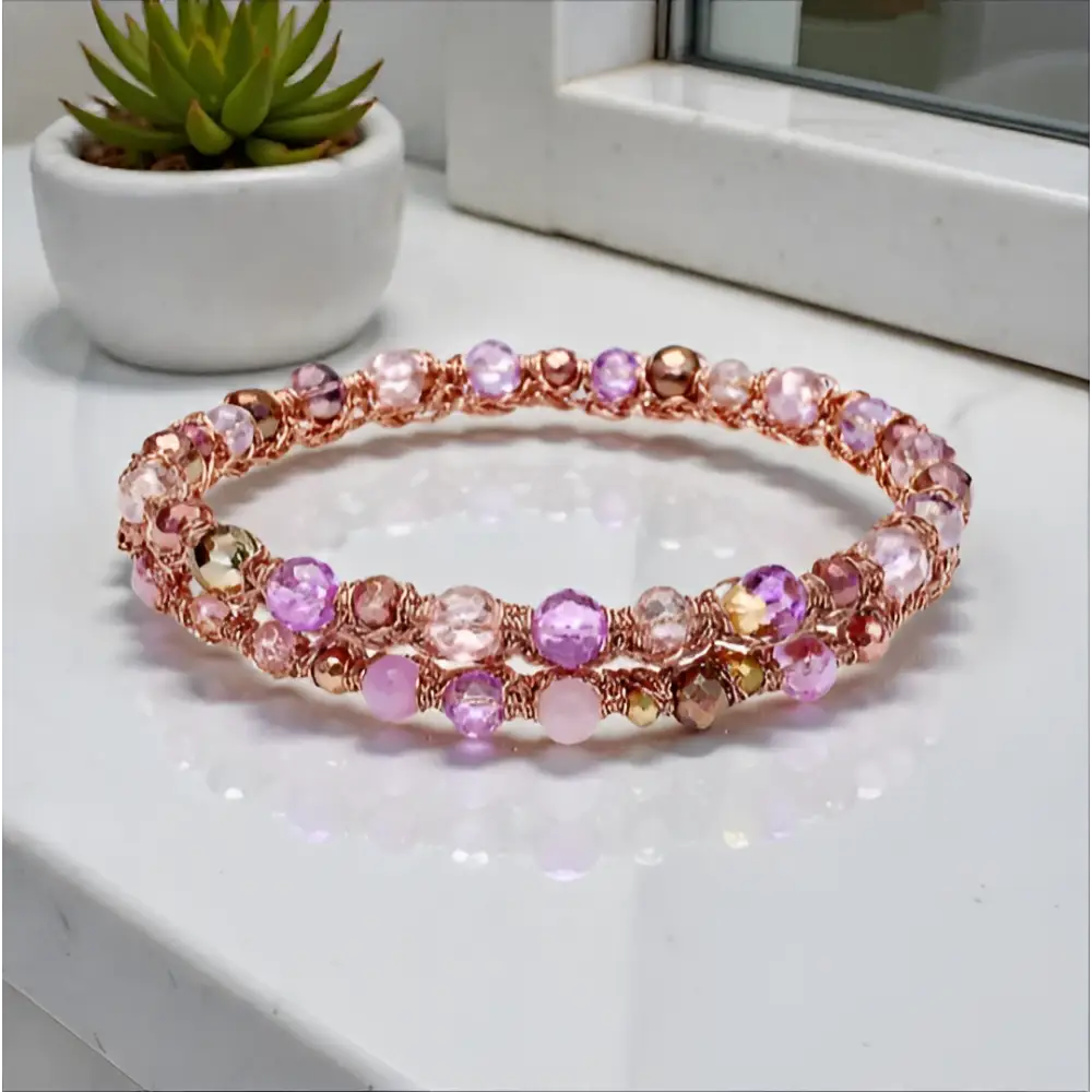 Bracciale handmade Molla Aurora Lilla con cristalli sfaccettati rosa e lilla
