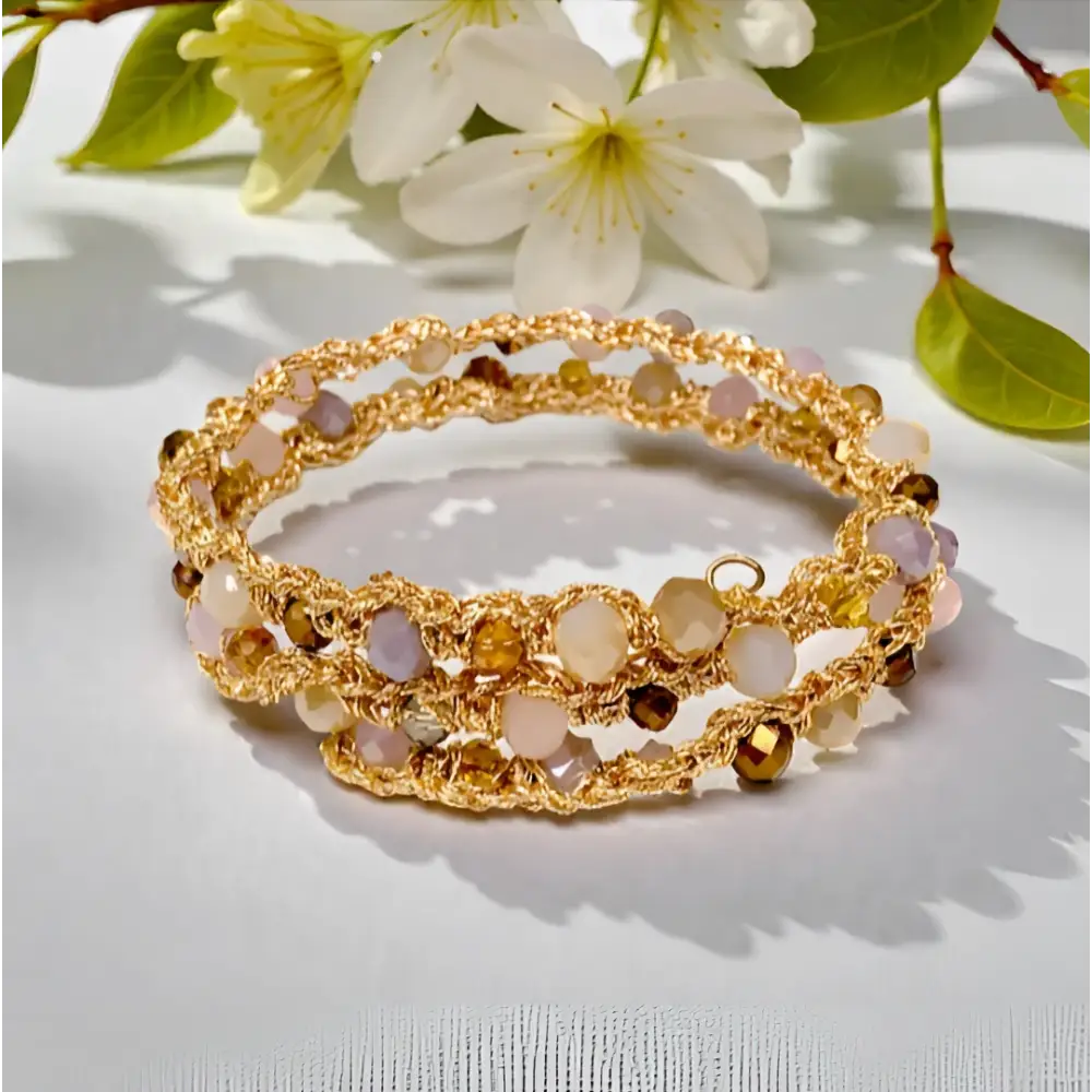 Bracciale handmade a molla Sole di Champagne due giri con cristalli sfaccettati rosa ambra marrone