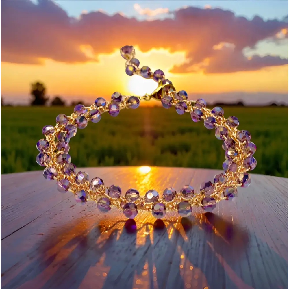 Bracciale handmade ametista dorata regolabile viola con cristalli sfaccettati