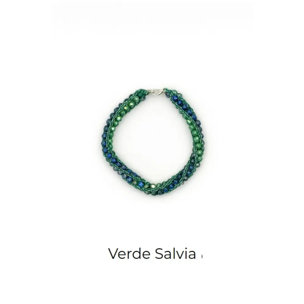 Bracciale handmade Intreccio con perline verdi e blu navy, chiusura argento