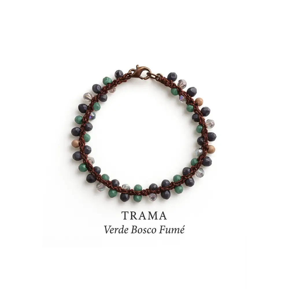 Bracciale handmade Trama con corda intrecciata marrone e cristalli sfaccettati verdi, neri e trasparenti