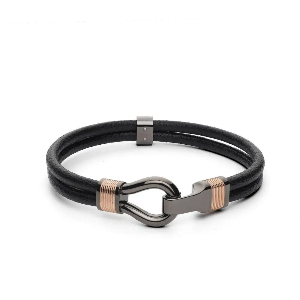 Bracciale uomo Clint BIN14B in pelle nera con accenti gunmetal e oro rosa, chiusura a catenella