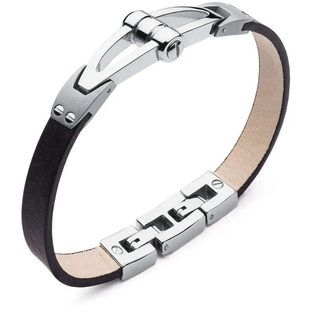 Bracciale uomo in pelle nera con chiusura argento BWO13