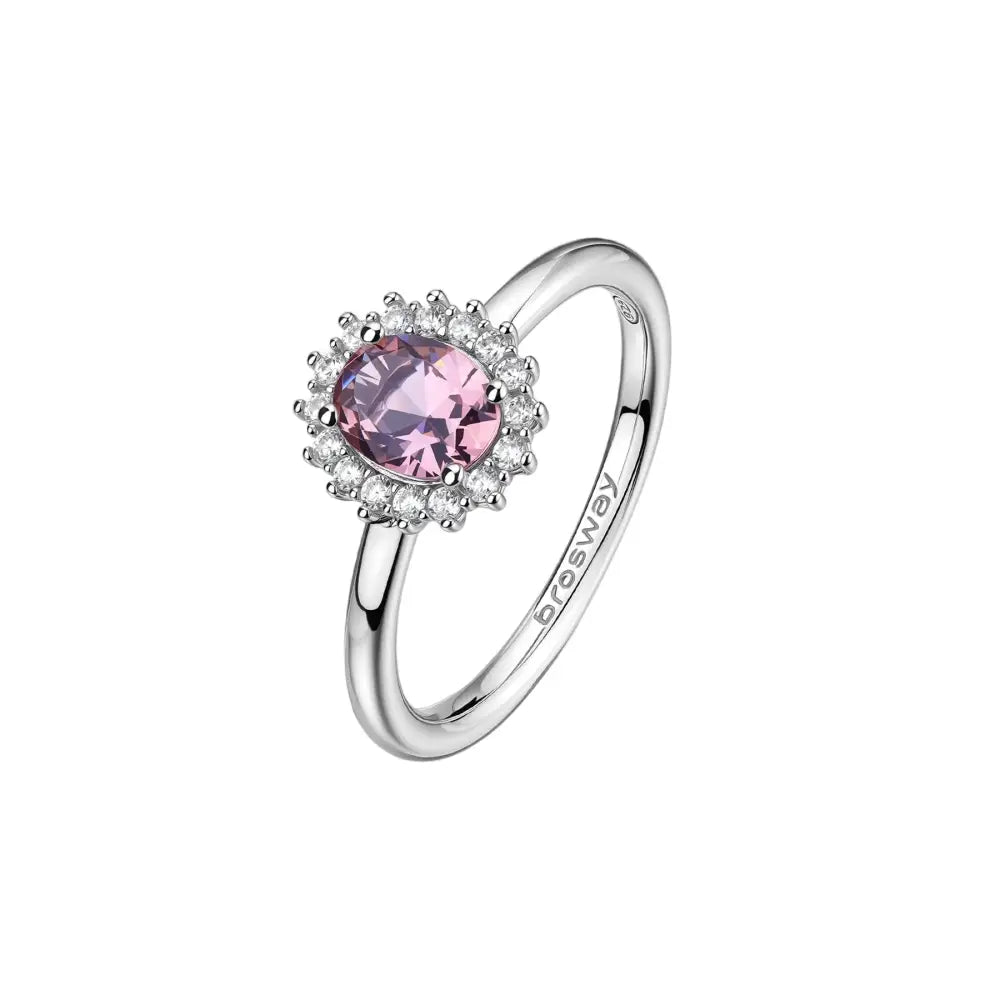 Delicato anello donna brosway in argento 925 con pietra ovale rosa centrale e diamanti chiari contorno halo