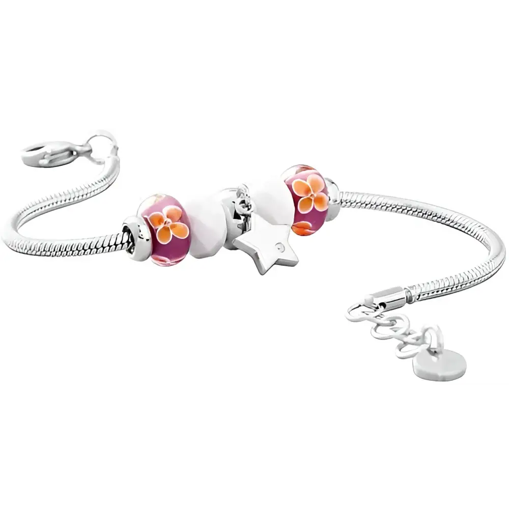 Bracciale Brosway Tres Jolie Zodiaco Pesci con charm argento, perline rosa e bianche, pendente stella e chiusura a lobo