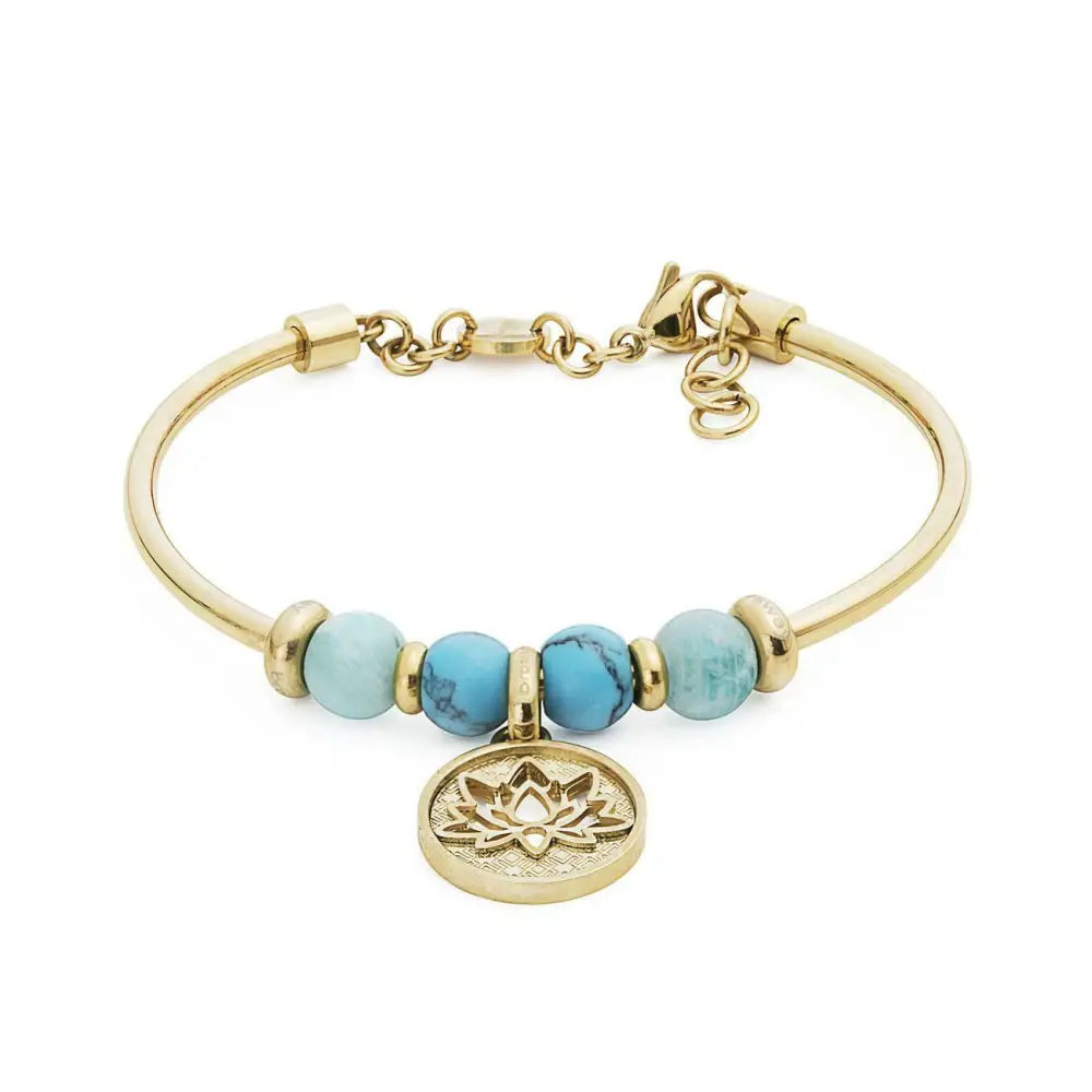 Bracciale Brosway Tres Jolie BTJMS889 in oro con charms loto, perle turchesi e chiusura regolabile