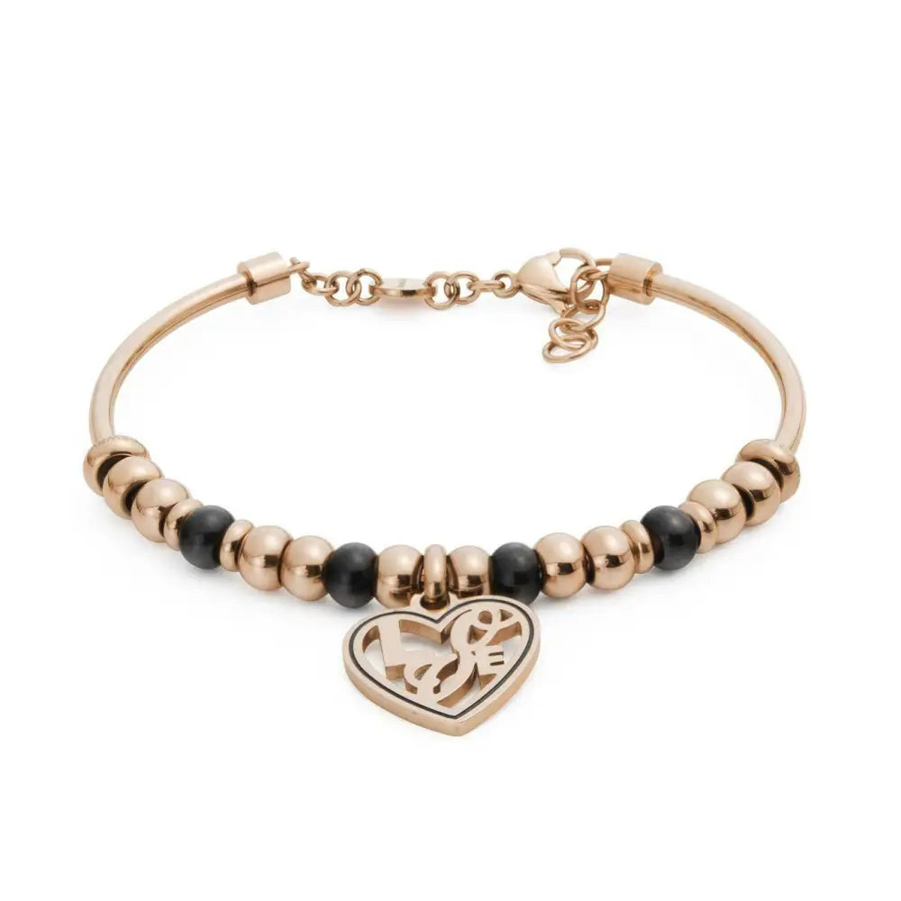 Bracciale Brosway Tres Jolie Precomposto BTJMS890 Amore in oro rosa con cuore, perline nere e design floreale