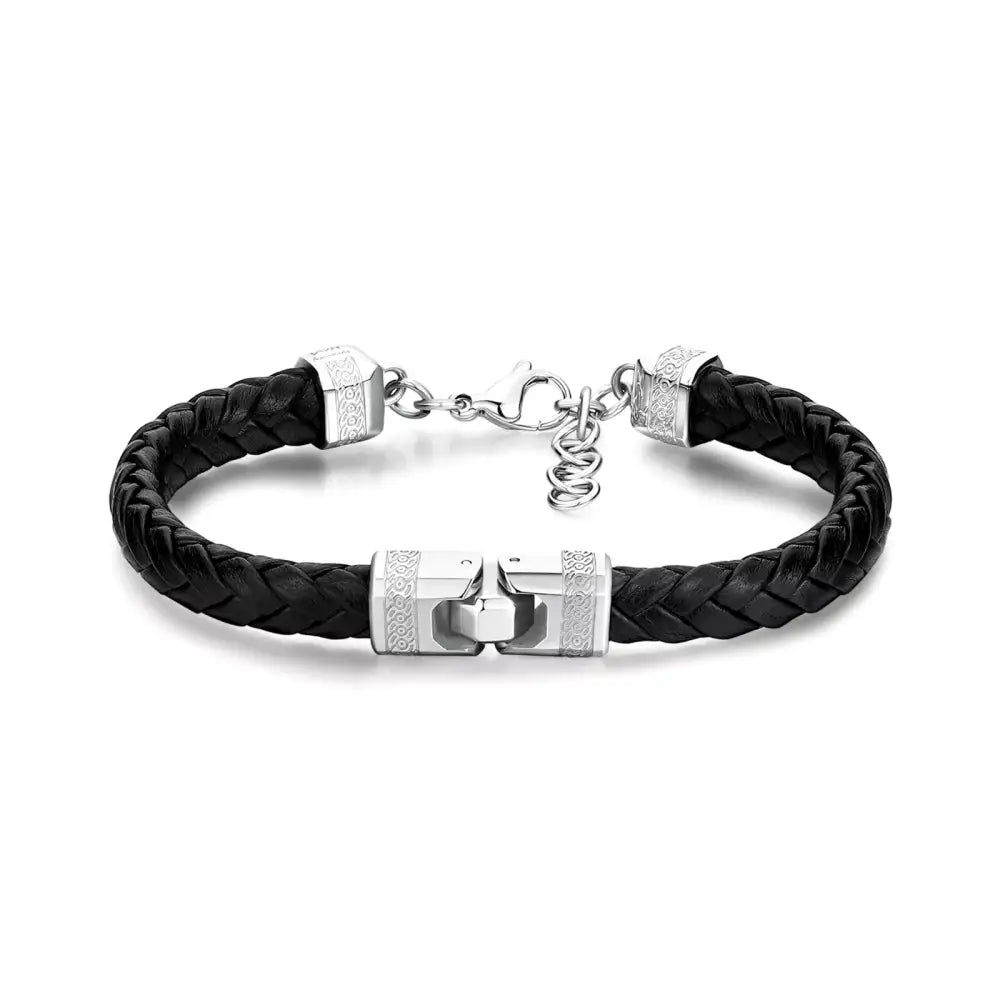 Bracciale Brosway uomo Knocker BKC22 in pelle nera intrecciata con hardware argento