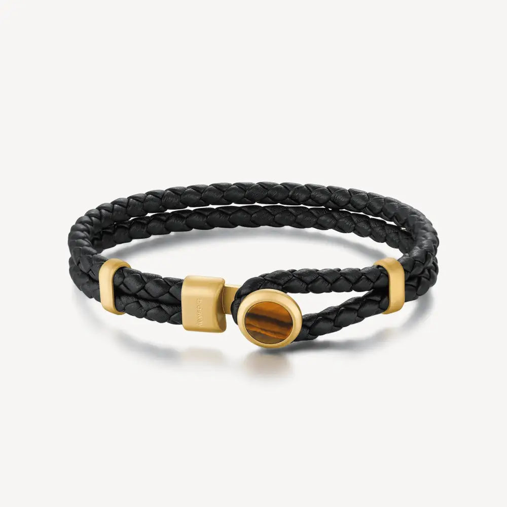 Bracciale Brosway uomo in pelle nera intrecciata con hardware oro e chiusura a toggle