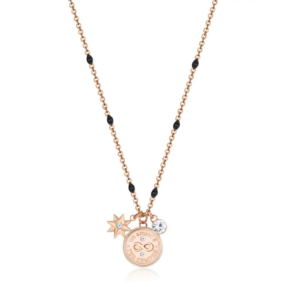 Collana Brosway chakra donna in acciaio infinito rose gold con perline nere, pendenti stella e moneta