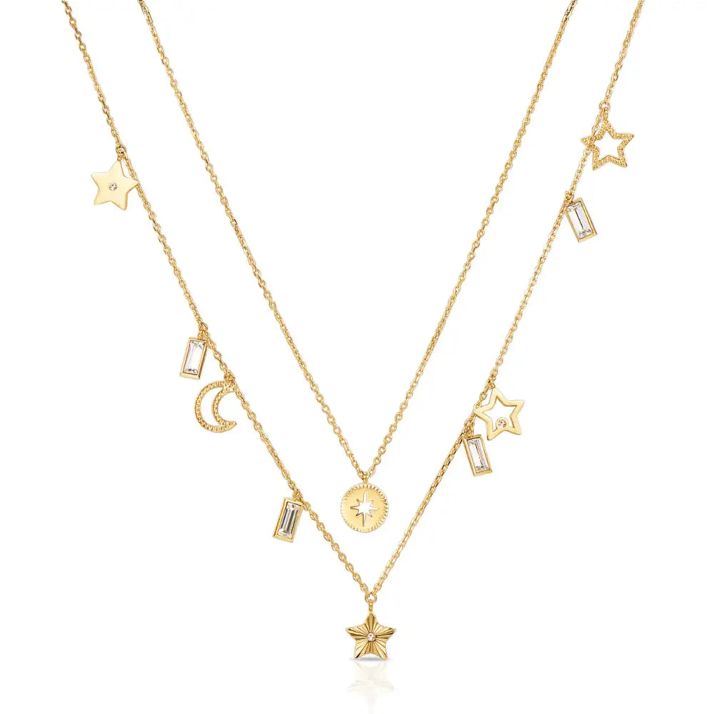 Collana donna Brosway Chant in acciaio con ciondoli oro, stella, luna, diamanti e croce BAH04