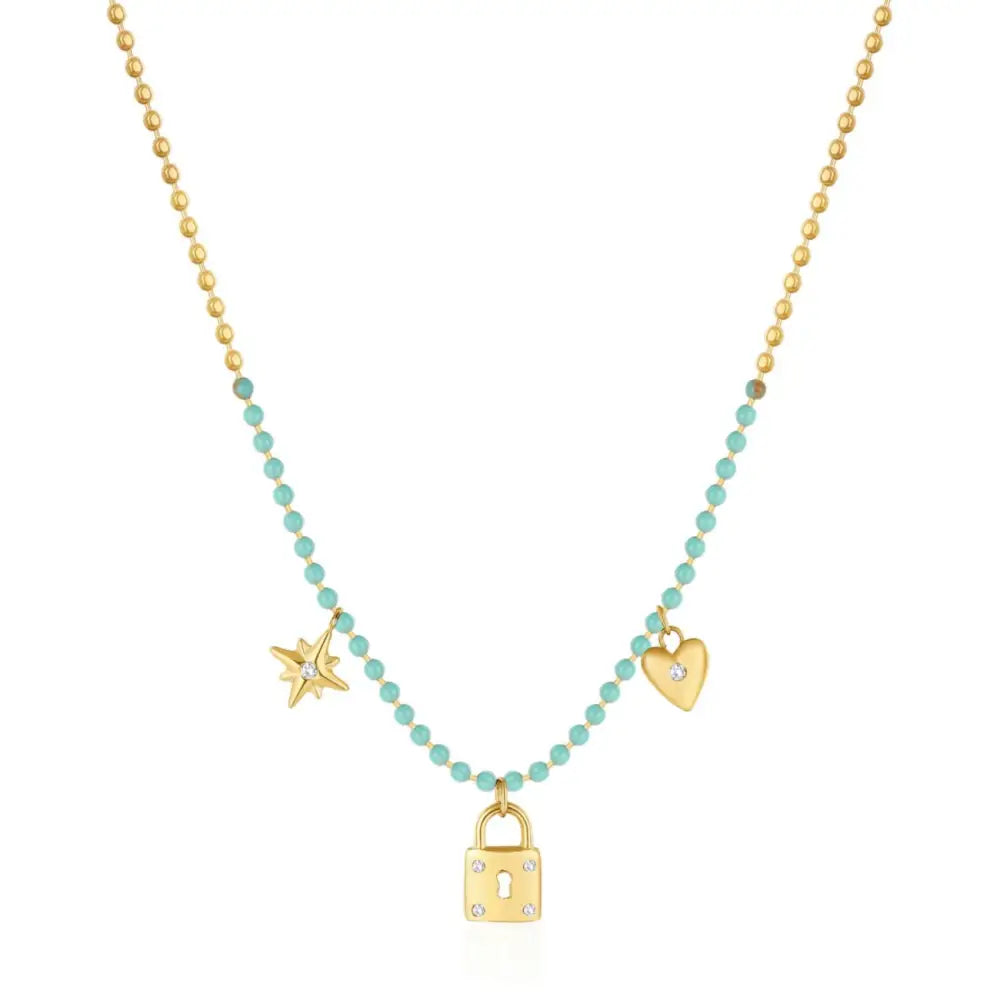 Collana donna Brosway Chant in acciaio con cristalli, perline oro-verdi, ciondoli stella, lucchetto, cuore