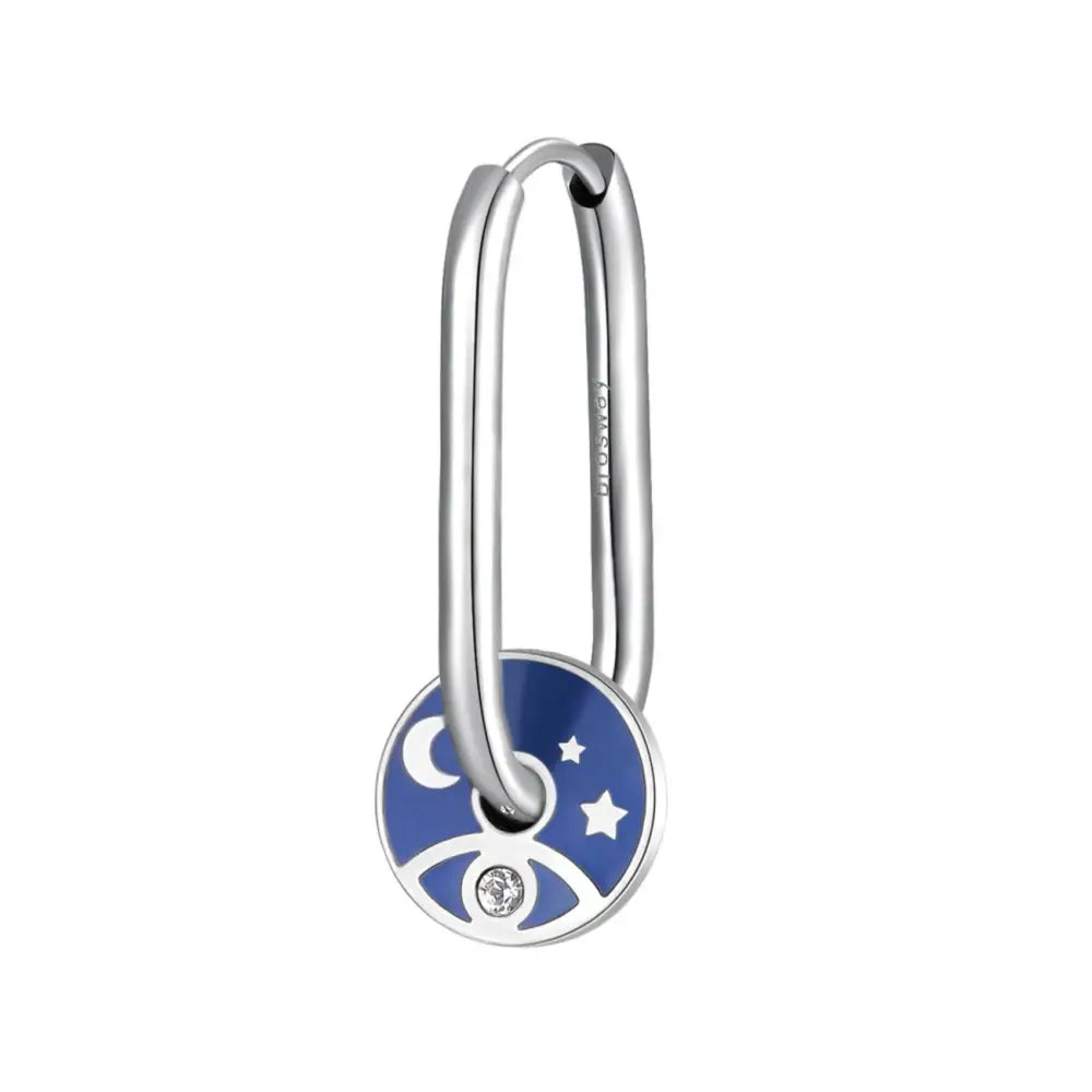 Orecchino a cerchio Brosway con charms luna argento, stella e smalto blu