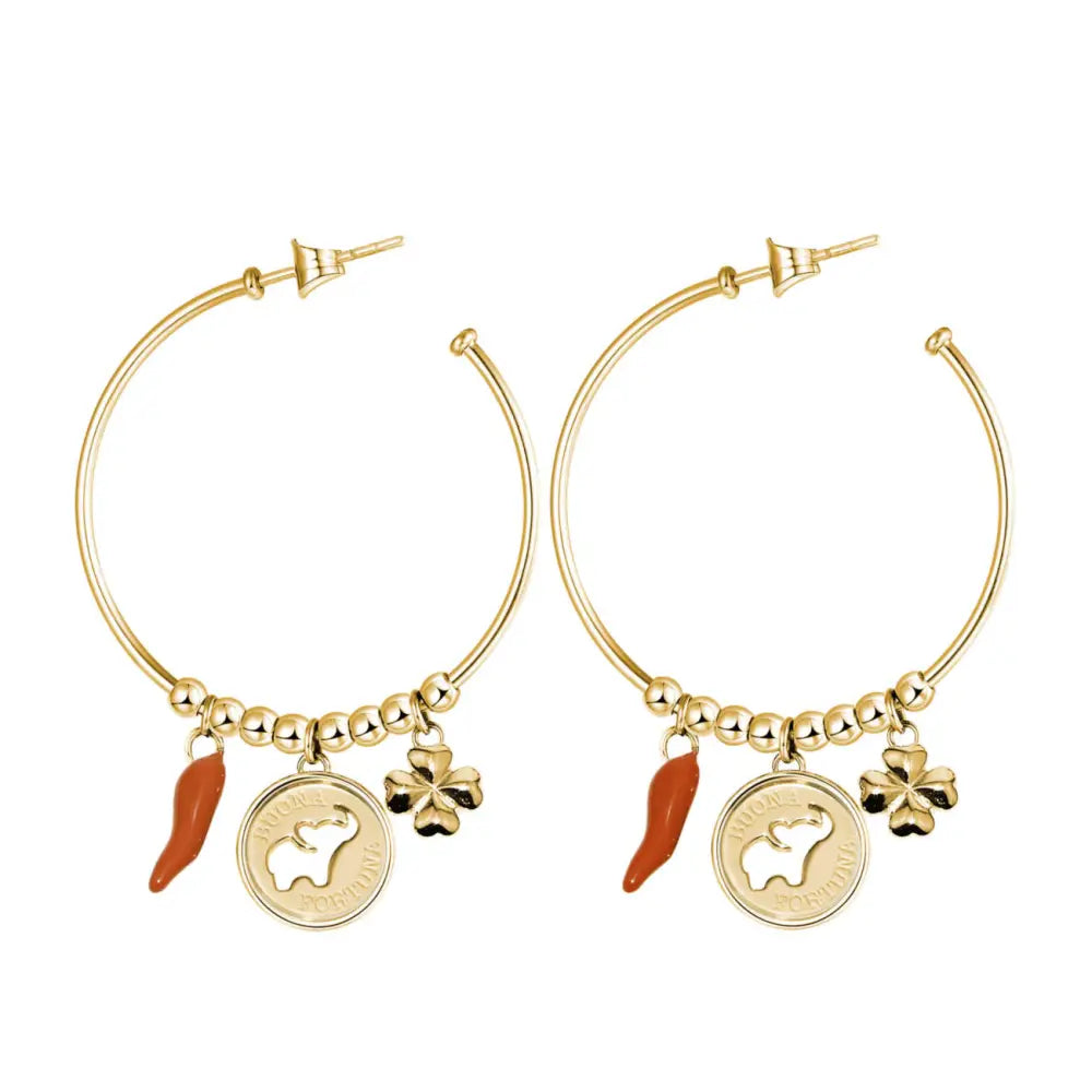 Orecchini Brosway Chakra donna in acciaio con cerchi oro, peperoncino rosso e trifoglio