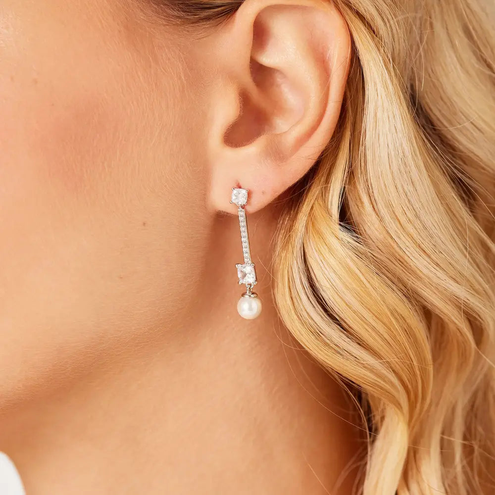 Orecchino a goccia Brosway Fancy in argento 925 con pietre scintillanti, gemma rettangolare centrale e perla pendente