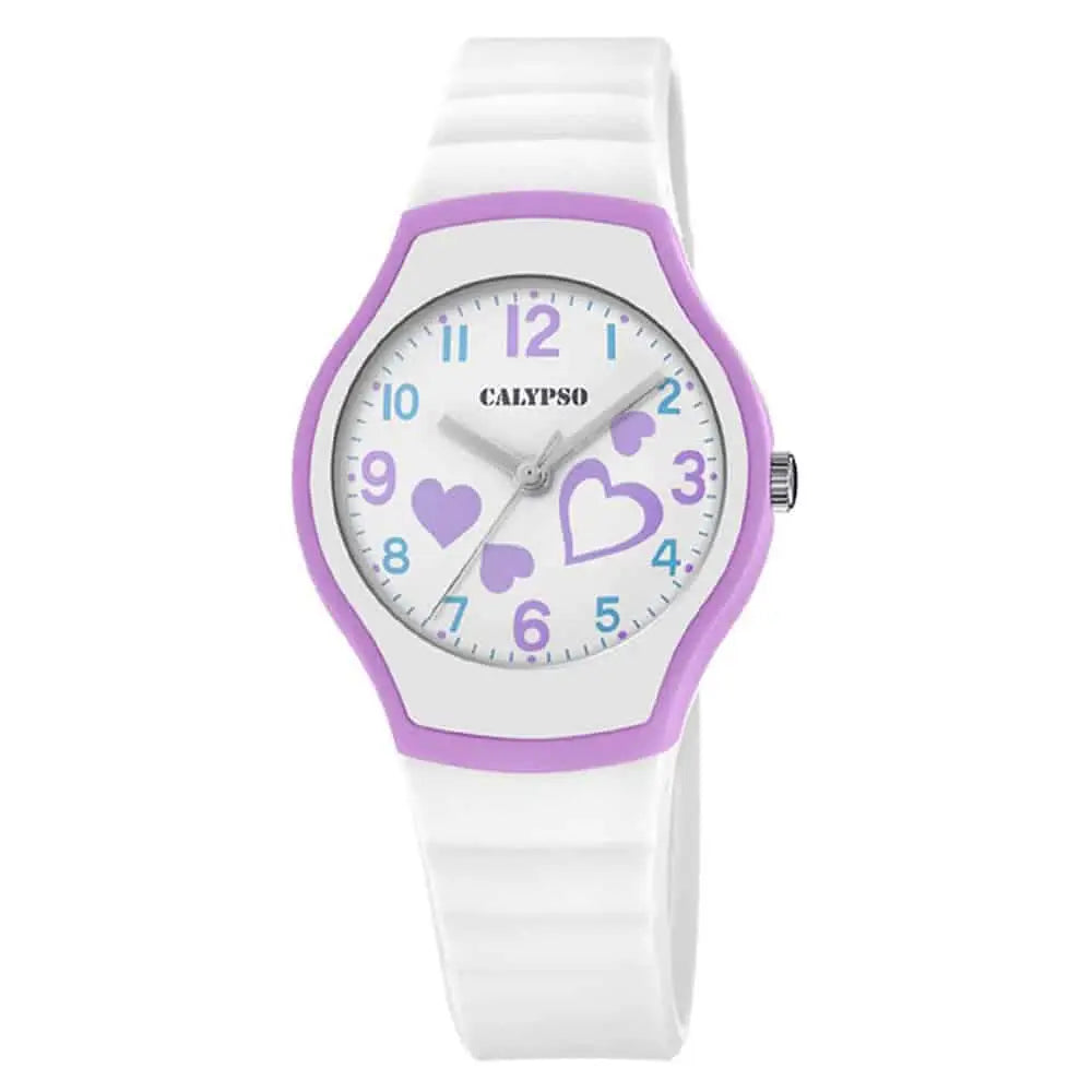 Orologio Calypso analogico K5806/1 con tema cuori bianchi e viola, cinturino in silicone