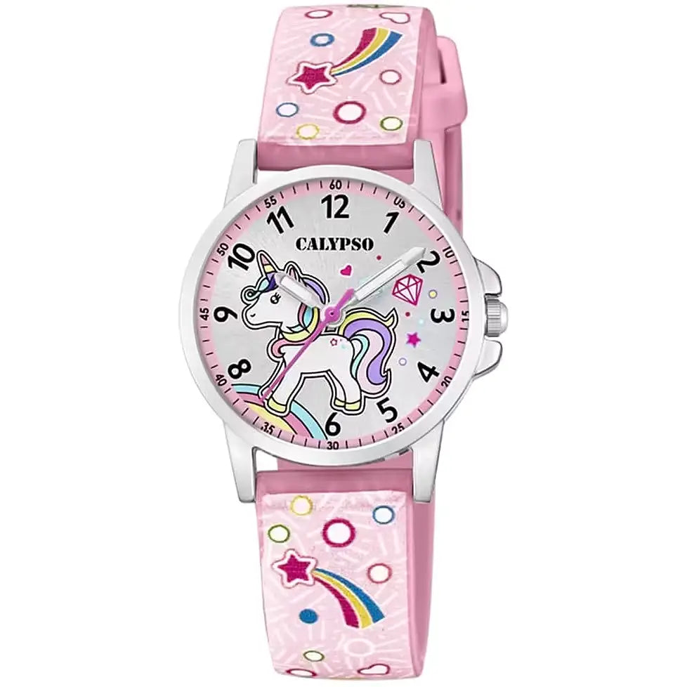 Orologio analogico Calypso Unicorno rosa in pelle con dettagli arcobaleno e stelle