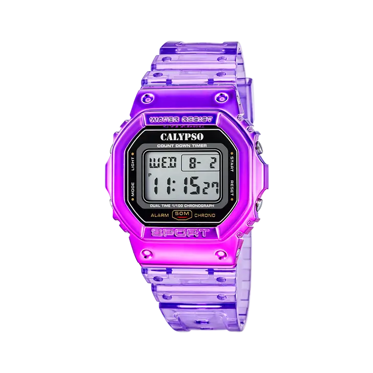 Orologio digitale Calypso viola con cinturino trasparente e schermo nero K5874/2