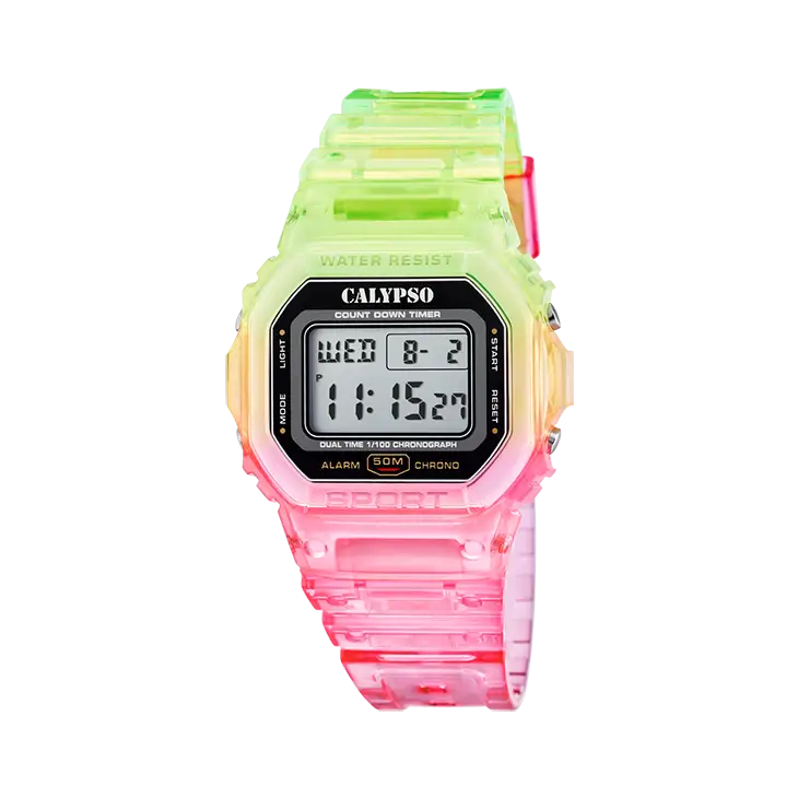 Orologio digitale Calypso neon arcobaleno con cinturino trasparente e quadrante nero, collezione COLOR SPLASH K5874/4