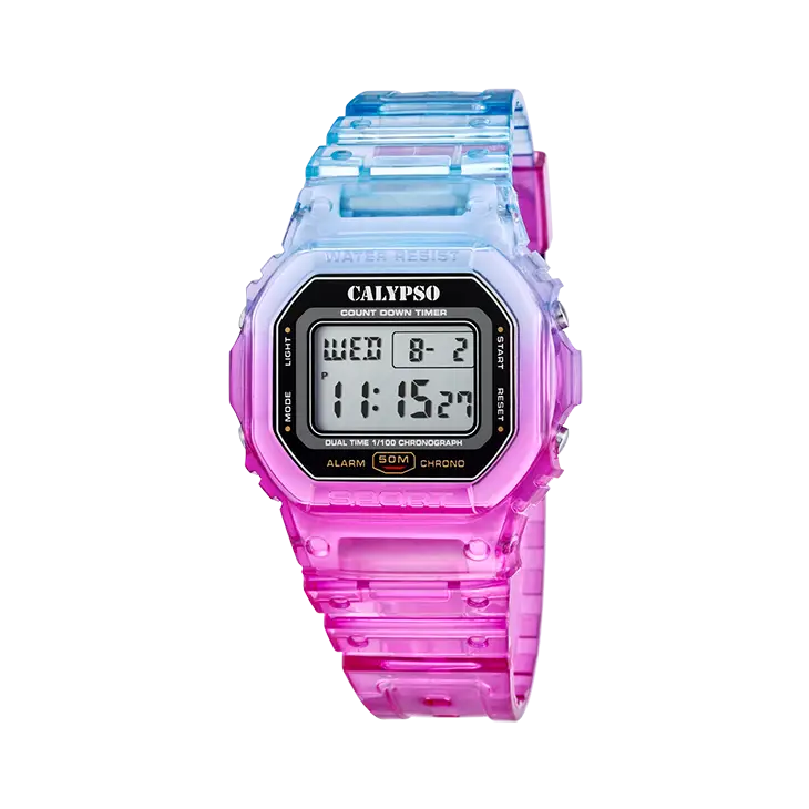 Orologio digitale Calypso COLOR SPLASH K5874/5 con quadrante nero e cinturino rosa-blu traslucido