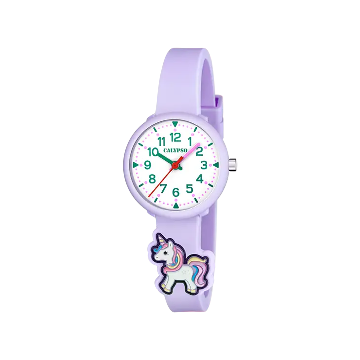 Orologio Calypso unicorno lavanda con quadrante bianco e dettagli colorati in plastica