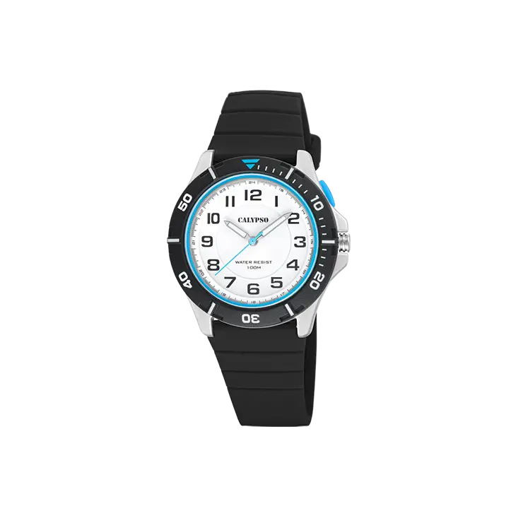 Orologio Calypso K5857/1 in gomma nera, quadrante bianco e accenti blu, impermeabile